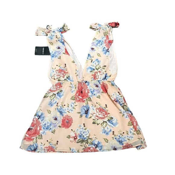 Forever 21 Women’s Peach Mulitcolor Floral V-Neck Tie Shoulder Top, Size 2, NWT - Picture 1 of 10